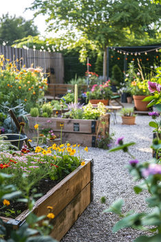 Beautiful garden setup with raised beds, diverse plants, and gravel paths, illustrating Garden Design Ideas on a Budget. Front Yard Dining Area, Lighting In Garden Ideas, Home Allotment Ideas, Raised Beds Ideas, Garden Zones Ideas, Garden Dining Area Ideas, Greenhouse Garden Ideas, Dirt Yard Makeover On A Budget, Garden Inspo Backyards