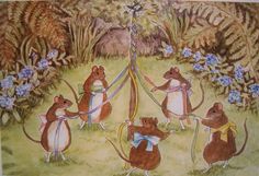 a painting of mice playing in the grass with their tails wrapped around an arrow and bow