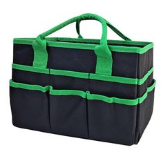 a large black and green tote bag with three compartments on the front, one is empty