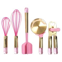 the kitchen utensils are pink and gold