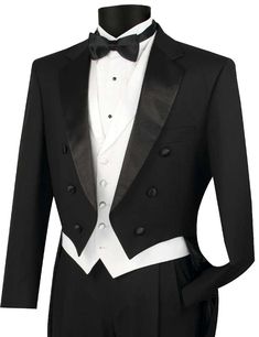 Black Full Dress Tuxedo Tailcoat Set Regular Fit Satin Notch Lapels 6 Button Front Black Fixed Waist Pleated Pants Traditional Tuxedo Stripe on theleg White 5 Button Vest w/ Lapels Luxurious Wool Feel - Polyester / Rayon Dry Clean Only New With Tags White Tuxedo Shirt and Black Bow Tie sold separately. 2 Piece Dress Short, Tuxedo With Tails, Vest And Bow Tie, Men's Tuxedo, Designer Formal Dresses, Suits Prom, Slim Fit Tuxedo, White Tuxedo, White Vest