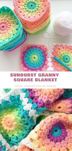 crochet sunburst granny square blanket and potholders with text overlay