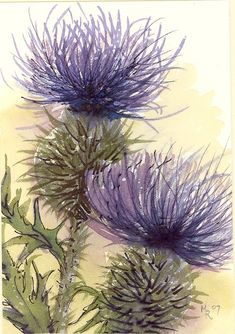 two purple flowers with green stems on a yellow background, watercolor drawing by hand