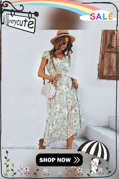 Vestidos Vintage Ruffles Print Short Sleeve Summer Beach Sweet Dresses Casual V Neck Floral Maxi Long Dress Vestidos Mujer Sleeveless Floral Print Dress For Vacation, V-neck Boho Sundress For Garden Party, Short Sleeve Dresses For Brunch Vacation, Casual Ruffled Maxi Dress For Beach Season, Casual Short Sleeve Boho Dress For Vacation, Casual Short Sleeve Boho Dress For Summer, Vacation Brunch Dresses With Short Sleeves, Breezy Floral Summer Dress For Vacation, Casual Boho Dress With Short Sleeves For Vacation