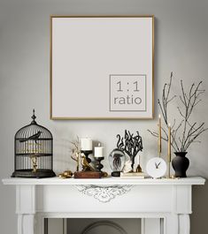 a white mantle topped with candles next to a clock and birdcage on top of it