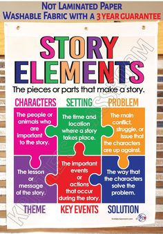 a poster with the words story elements on it