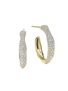 "Find IPPOLITA Stardust Squiggle Mini 18k Green & Diamond Pavé Hoop Earrings on Editorialist. From the Stardust Collection. Ippolita's mini Squiggle hoop earrings are handcrafted of 18K green gold with brilliant white diamond pavé embellishments along the exterior. Diamond, 0.63 tcw Diamond clarity: H-i, si1 18K green gold Post back Imported SIZE Drop, about 68\" ABOUT THE BRAND Italian artist and designer Ippolita Rostagno founded her luxury jewelry house in New York City in 1999. Having studied sculpture and ceramics at the Istituto d'Arte in Florence, Rostagno embraces organic shapes and a fluid, timeless aesthetic. Today, her colorful creations are designed for everyday wear and finely crafted in 18K gold, silver and precious stones. Ippolita. Color: Gold." Green Gold Jewelry, House In New York, Ippolita Jewelry, Stick Earrings, Medium Hoop Earrings, Luxury Earrings, Timeless Aesthetic, Green Diamond, Silver Prices