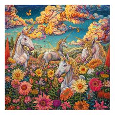 three unicorns in a field with flowers and clouds