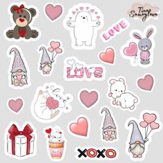 various stickers with hearts and animals on them