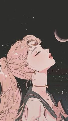 a woman with her eyes closed looking up at the moon