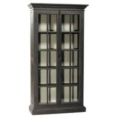 a tall wooden cabinet with glass doors on the top and bottom shelves in dark wood