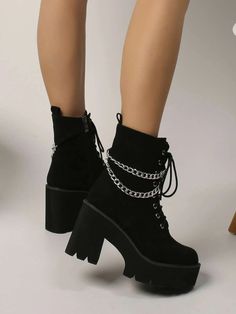 Style:Punk \nClosure Type:Side zipper \nDetails:Chain \nType:Combat Boots \nColor:Black \nPattern Type:Plain \nToe:Round Toe \nHeel Height:High Heel \nHeels:Platform \nBoots Height Type:Mid Calf Boots \nUpper Material:Suedette \nLining Material:Fabric \nInsole Material:Fabric \nOutsole Material:Rubber \n Combat Boot Outfit, Cute Outfits With Shorts, Heeled Combat Boots, Casual Shoes Women Sneakers, Minimalist Chain, Marvel Clothes, Fashion Shoes Heels, Cute Shoes Heels, Shoes Heels Classy