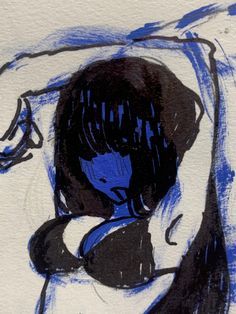 a drawing of a woman with her arms around her neck and head, in blue ink on white paper