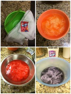 four pictures showing different stages of dye in bowls and on the counter top, from orange to purple