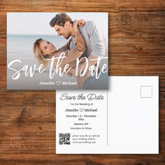 save the date postcard with an image of a man and woman in love on it