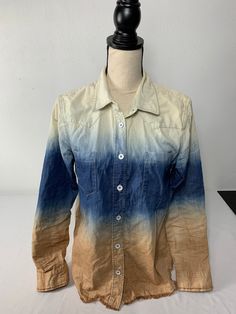 Tree Peeps Shirt Size Medium Material: cotton Color: cream, light brown and shades of blue bag 2yb JN Spring Blue Patchwork Shirt, Hand Dyed Multicolor Cotton T-shirt, Blue Yarn-dyed Cotton Shirt, Light Brown, Blue Bags, Denim Button Up, Shades Of Blue, Button Up Shirts, Denim Jacket