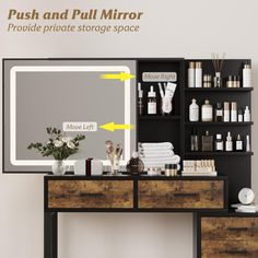 an image of a bathroom vanity with mirror and shelf above it, labeled push and pull mirror