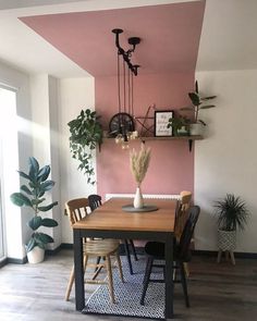 a dining room table with chairs and plants on the shelves above it, in front of a pink wall