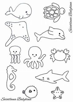 some sea animals are drawn in black and white with the words ocean babies on it