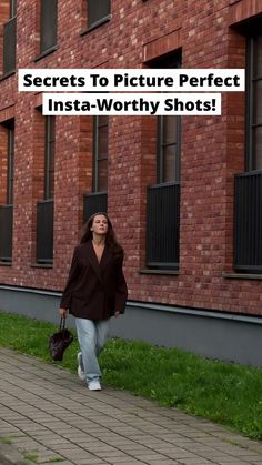 a woman walking down the street with her hand in her pocket and text that reads secrets to picture perfect insta - worthy shots