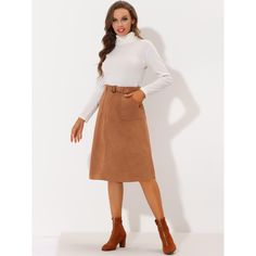 Bring a classic fall vibe to smart casual ensembles with this beautifully a-line belted skirt. Updating your wardrobe with this faux suede pocket skirt which features an A-line silhouette for a universal body shape. Merging feminine and modern styles, this skirt is made of stretchy faux suede, which is comfortable and chic for the fall/winter season. Matching timeless knitwear, a blouse, and retro leather boots or high heels for a smart feminine impression. Fall Workwear Belted Skirt, Belted Skirt For Fall Workwear, Belted Skirt For Workwear In Fall, Brown Belted Skirt For Workwear, Brown Belted Skirt For Work, Fall Office Belted Skirt, Fall Brown Belted Skirt, Fall Knee-length Belted Skirt, Midi Skirt With Belt