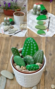 some rocks and plants in a pot on a wooden table next to other items that have been placed around them