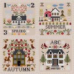 four cross stitch patterns with houses and trees