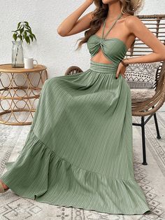 Women's Solid Color Texture Fabric Halter Strap Sleeveless Dress Green Casual  Sleeveless Fabric Plain Cami Non-Stretch  Women Clothing, size features are:Bust: ,Length: ,Sleeve Length: Simple Long Dress Casual, Beach Dress Ideas, Beachy Fits, Resort Vacation Outfits, Beach Summer Outfits, Long Dress Casual Summer, Island Style Clothing, Green Sundress, Simple Long Dress