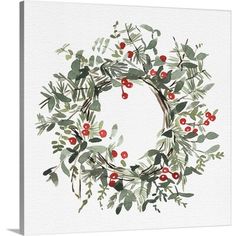 a watercolor painting of a wreath with red berries and green leaves on white paper