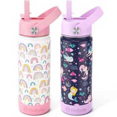 two children's water bottles with unicorns, rainbows and stars on them