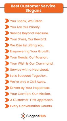 a sign that says best customer service slogans in orange and white with the words you speak, we listen, you are our priority