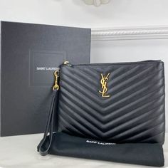 Ysl Pouch Wristlet Color: Black W/ Gold Hardware Measures Approx.: 9” X 6.5” Ysl Pouch, Quilted Pouch, Saint Laurent Bags, Yves Saint Laurent Bags, Gold Hardware, Yves Saint Laurent, Saint Laurent, Bag Lady, Pouch