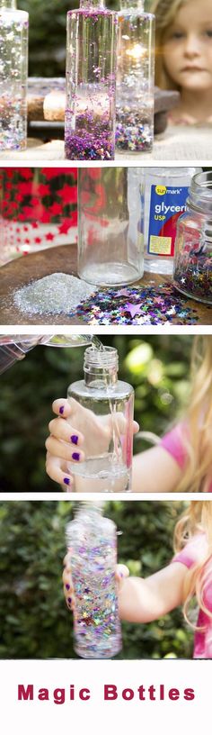 there is a girl holding a glass jar full of liquid and glitter in front of her