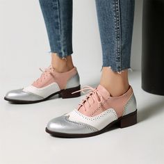 Shop Pink and Silver Round Toe Wingtip Lace up Dress Office Shoes Women's Oxford Shoes color Pink for Anniversary, Going out, Hanging out with worldwide Free shipping & Free return. Spring Party Lace-up Leather Shoes, Spring Low Heel Oxfords With Brogue Detailing, Spring Low Heel Brogue Oxfords, Spring Brogue Oxfords With Low Heel, Spring Oxfords With Brogue Detailing And Low Heel, Casual Wingtip Oxfords For Party, Spring Party Oxfords With Brogue Detailing, Spring Wingtip Leather Shoes, Spring Lace-up Oxfords With Brogue Detailing