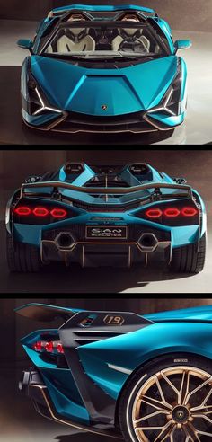 three different views of a blue sports car