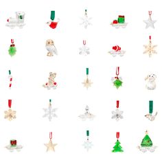 christmas ornaments are arranged in rows on a white background