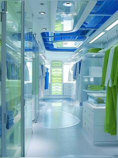 a white and blue room with lots of clothes hanging on the racks in front of it