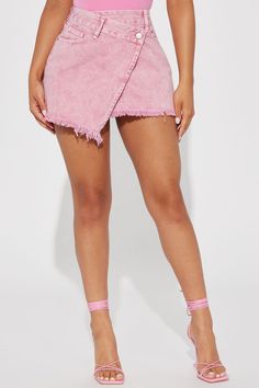 Stacey Asymmetrical Denim Skirt - Pink Denim Skirt Mini, Denim Skort, Skirt Mini, Denim Details, Pink Mini, Pink Fashion, Denim Skirt, Fashion Nova, Mini Skirts