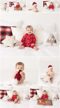 a baby sitting on top of a bed wearing a santa hat and holding a stuffed animal