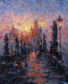 a painting of people walking across a bridge at night with the sun in the background