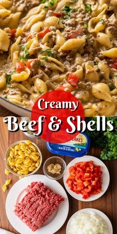 creamy beef and shells in a casserole dish on a wooden table with other ingredients