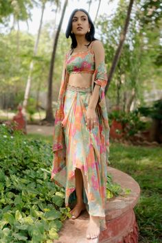 Buy Paulmi and Harsh Multi Color Pure Crepe Floral Print Jacket And Draped Skirt Set Online | Aza Fashions Cowl Skirt, Indian Outfits Modern, Pool Party Dresses, Pool Party Outfits, Indian Outfits Lehenga, Crepe Skirts