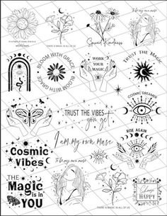 the magic in you stamp set is shown with various symbols and words on it, including an