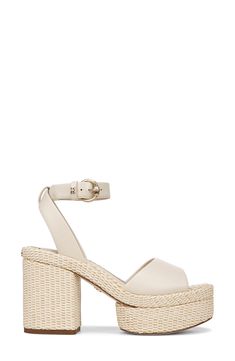 A woven platform and chunky block heel lend a boho-inspired aesthetic to an eye-catching sandal secured with an adjustable strap at the ankle. 4" heel; 1 1/4" platform Adjustable ankle strap with buckle closure Leather or textile upper/synthetic lining/rubber sole Imported Vacation Block Heel Wedge Sandals With Heel Strap, Vacation Wedge Sandals With Heel Strap And Block Heel, Cream Wedge Sandals With Heel Strap And Block Heel, Cream Wedge Sandals With Block Heel And Heel Strap, Cream Block Heel Wedge Sandals With Heel Strap, Cream Block Heel Sandals For Vacation, Chic Cream Heels In Straw Material, Chic Cream Straw Heels, Cream Sandals With Stacked Heel For Beach