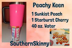 there is a pink cup with the words peachy keen on it and an advertisement for peachy keen