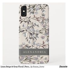 an iphone case with flowers on it and the name alexandria written in grey ink, is shown