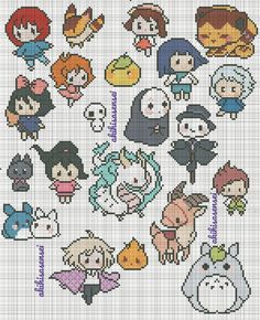 cross stitch pattern with many different avatars on the front and side, all in various colors