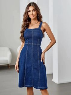 Patchwork Vintage Denim Dress with Wide Straps Slim Fit Cotton Summer Dress, Casual Slim Fit Denim Dress For Summer, Slim Fit Knee-length Denim Dress For Summer, Casual Slim Fit Summer Dresses, Trendy Slim Fit Summer Dresses, Spring Slim Fit Cotton Denim Dress, Spring Denim Blue Slim Fit Dress, Slim Fit Denim Blue Dress For Spring, Slim Fit Casual Cotton Denim Dress