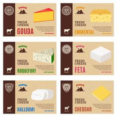 four different types of cheese are shown in this graphic style, with the words gourmet and fresh cheese written on them