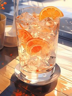 an orange slice in a glass with ice on a table next to a vase filled with flowers